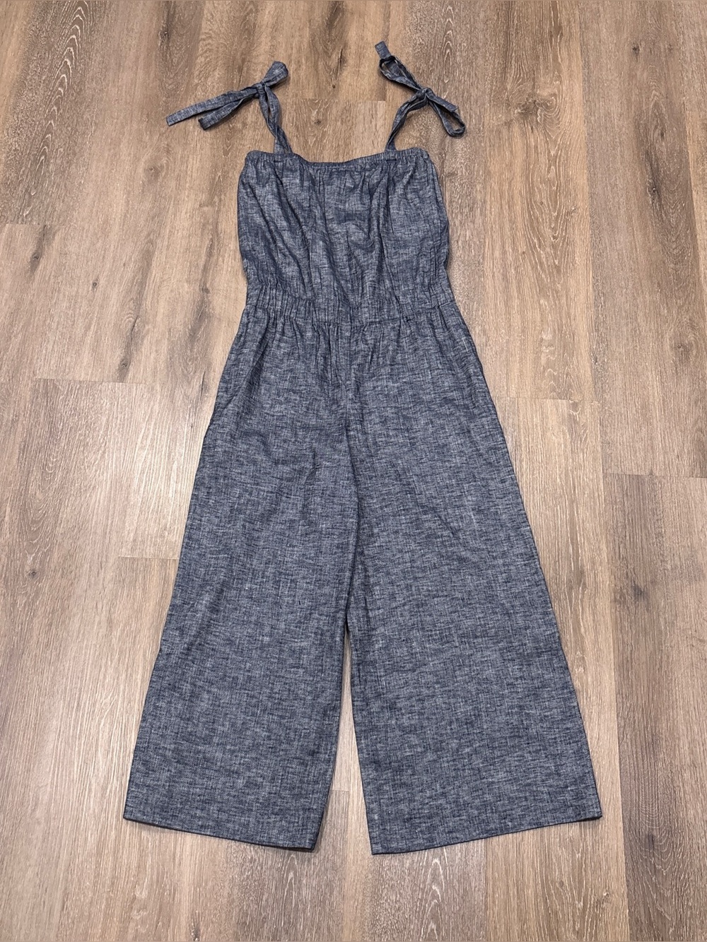 Theory Blue Linen Blend Wide Leg Cropped Jumpsuit Culotte Tie Shoulder Size 2